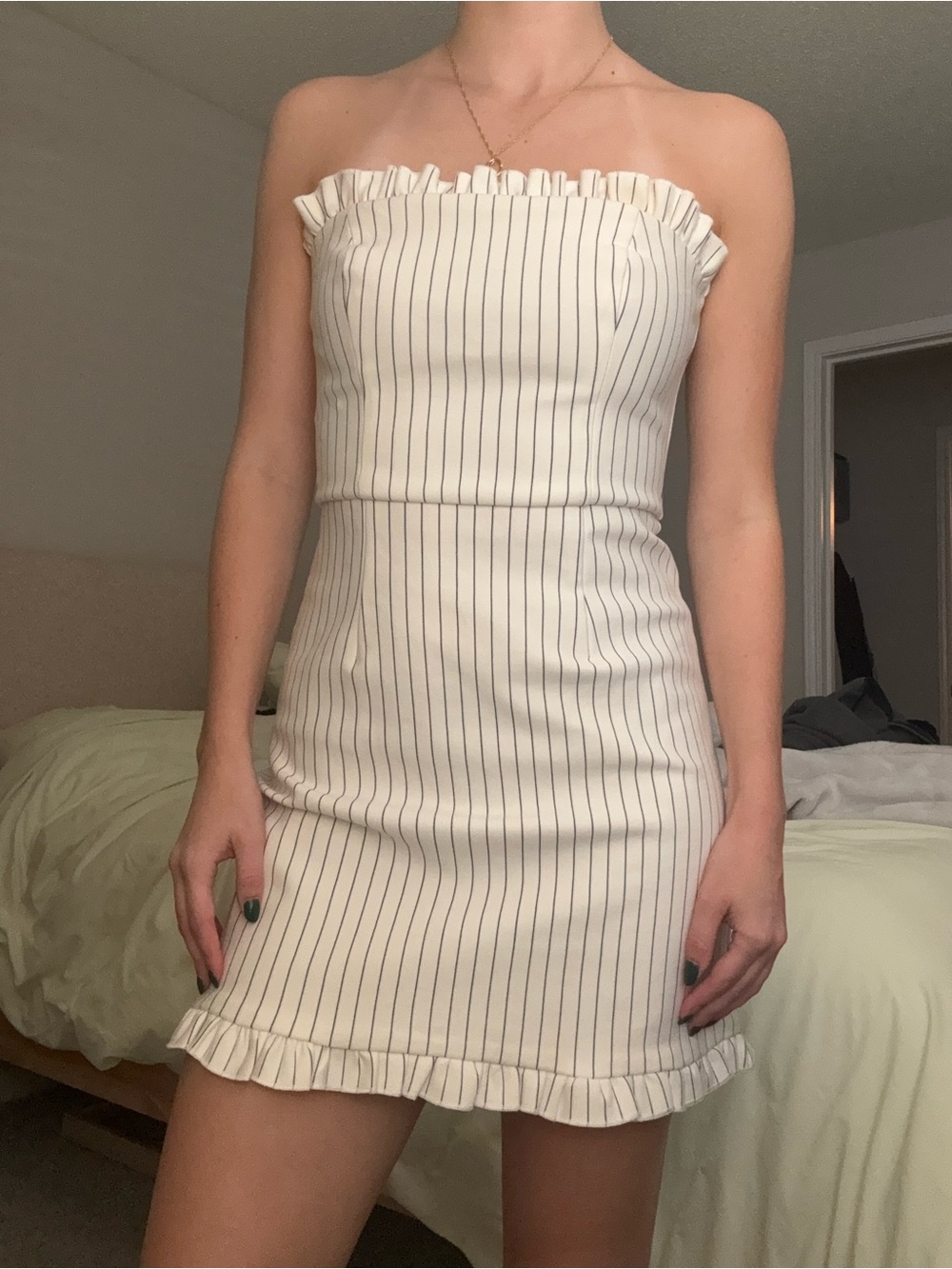 Lulu's White Mini Dress with Navy Pinstripes and Ruffle Trim